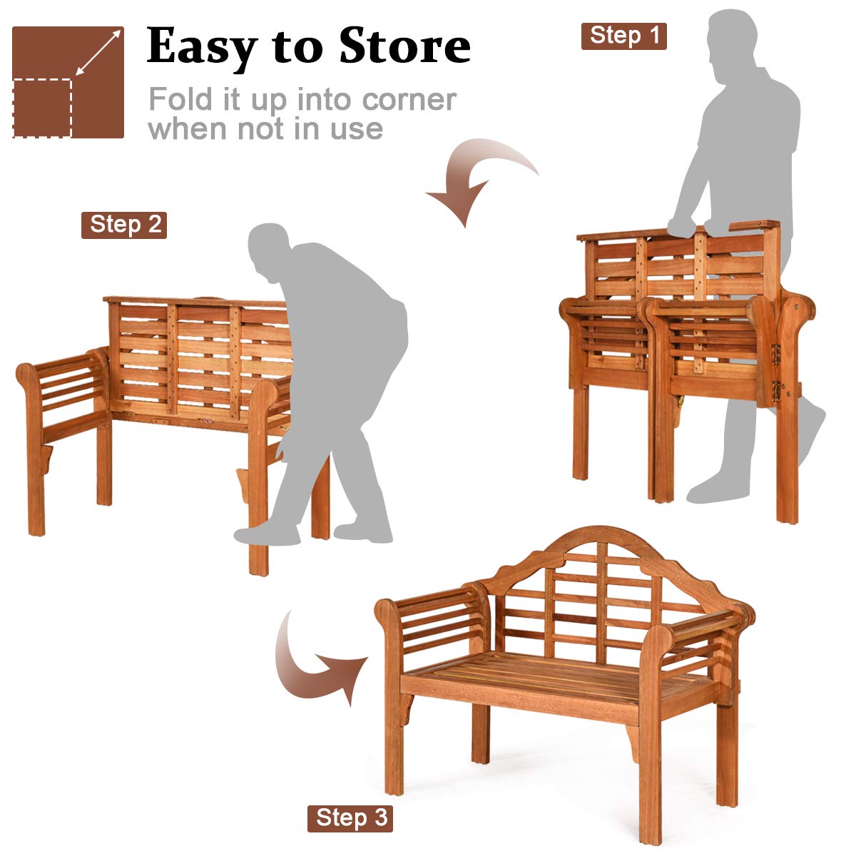 Tangkula 4 Ft Eucalyptus Wood Folding Bench for Two – Stylish Loveseat for Garden, Patio, and Poolside Tangkula