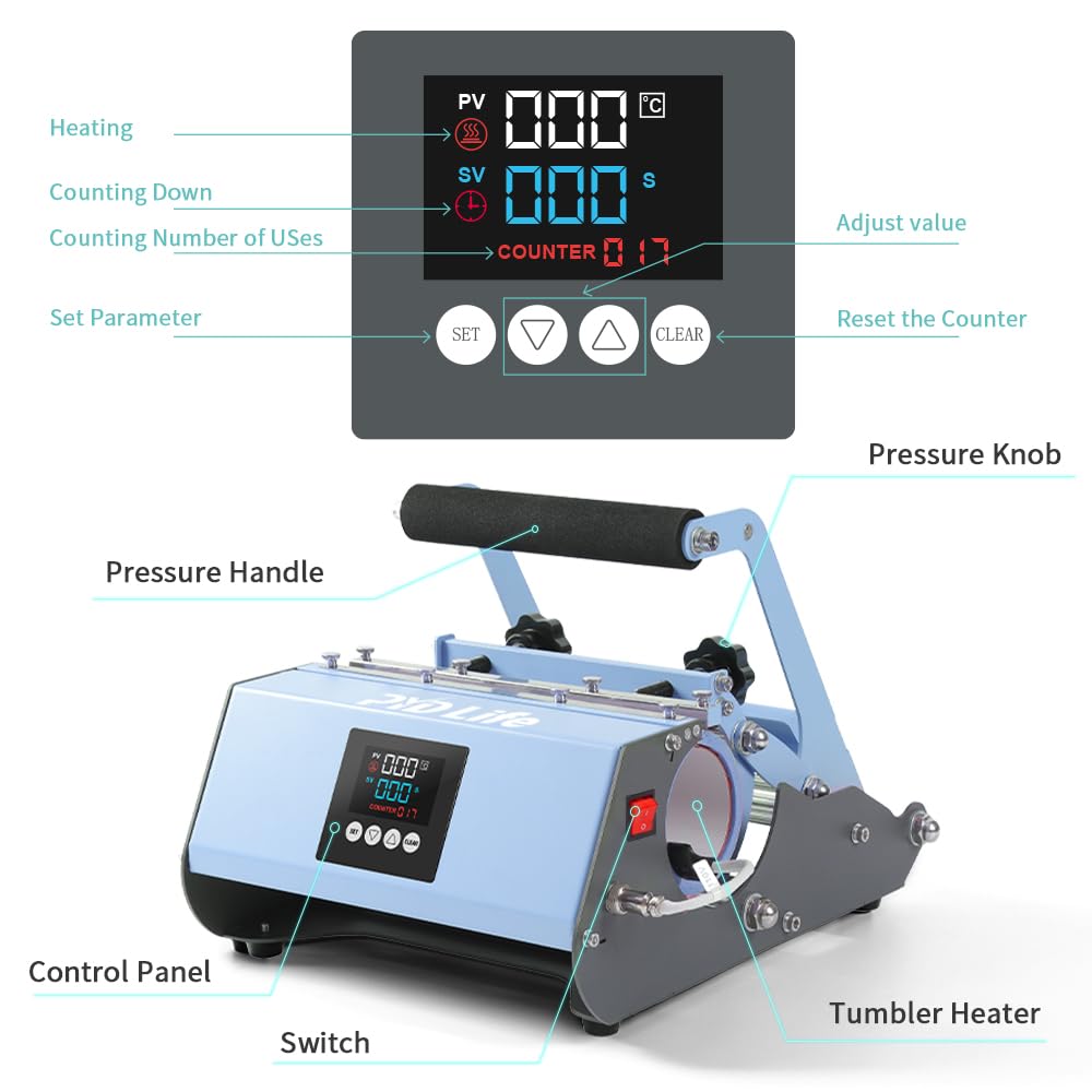 PYD Life 2 in 1 40 OZ Tumbler Heat Press Machine 110 V Blue 20 OZ 30 OZ Mug Heat Press for 40 OZ Tumbler with Handle Sublimation Straight Tumblers - WoodArtSupply