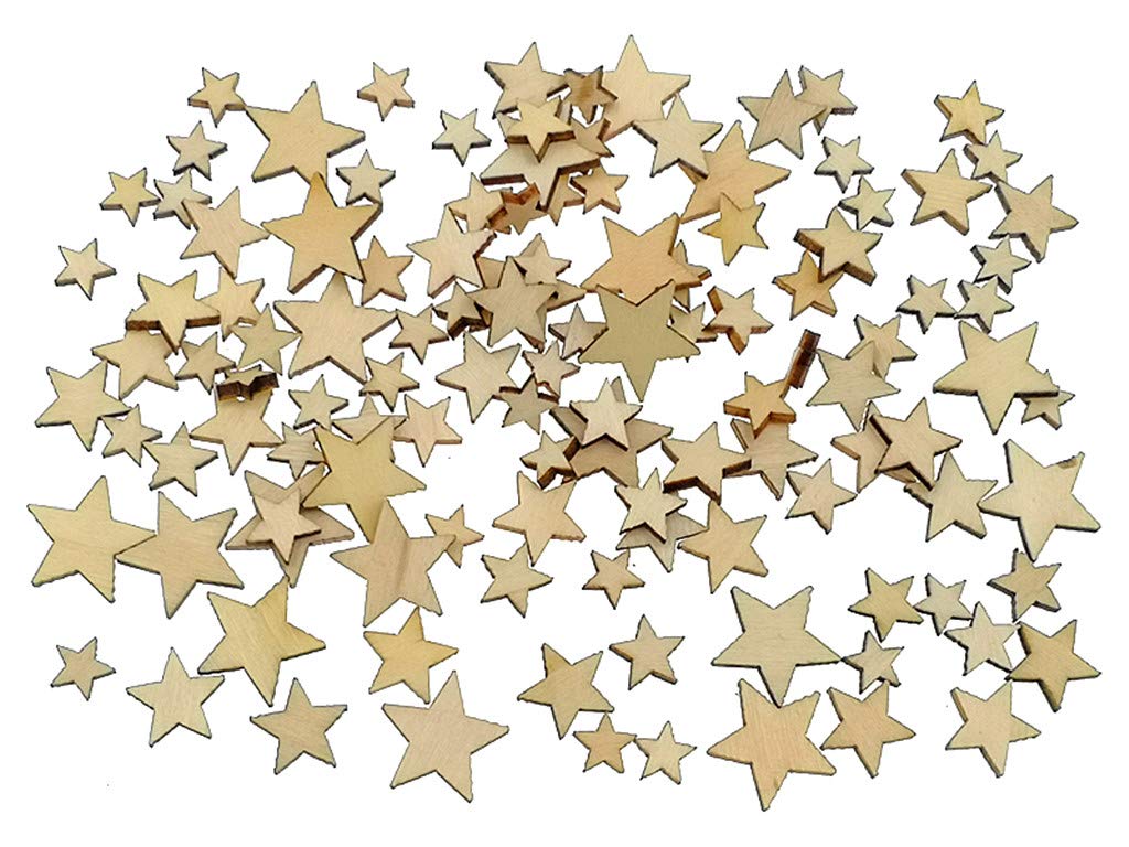 Kinteshun Natural Wood Unfinished Cutout Veneers Slices for Patchwork DIY Crafting Decoration(100pcs,Mixed Sizes,Pentagram Five-Pointed Star Shape)