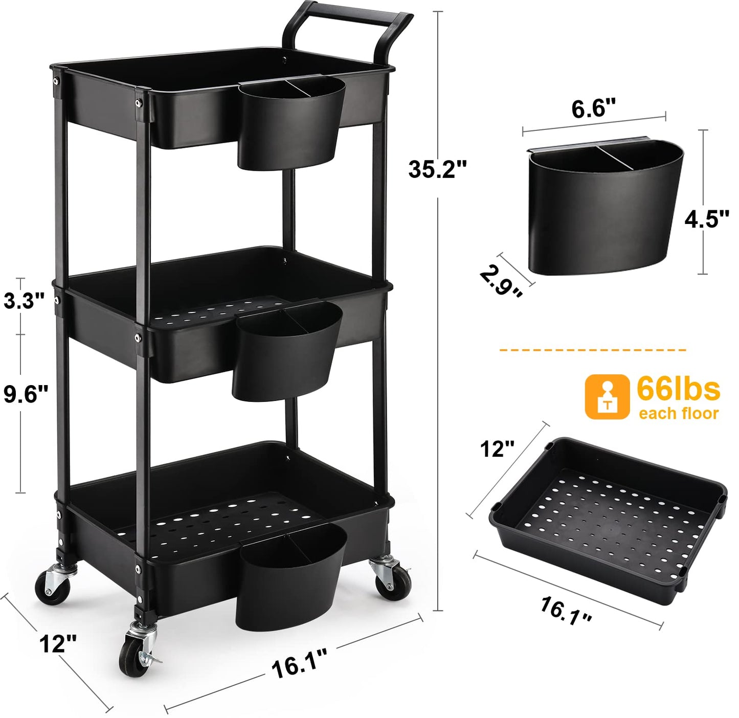 Hamone 3-Tier Utility Rolling Cart,Mobile Utility Cart with Lockable Caster Wheels,Storage Shelves Organizer Cart, 3 Hanging Baskets, Easy - WoodArtSupply