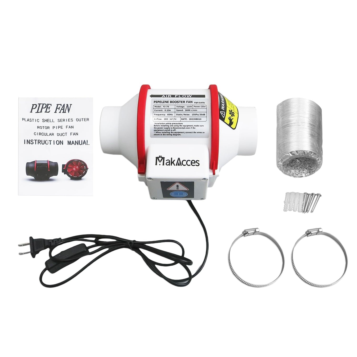 Makacces Powerful 3 Inch Duct Fan with 1.5M Pipe,Copper Motor, Enhanced Air Flow, Low Noise Level for Efficient Smoke&Odor Extraction,for 3D Makacces