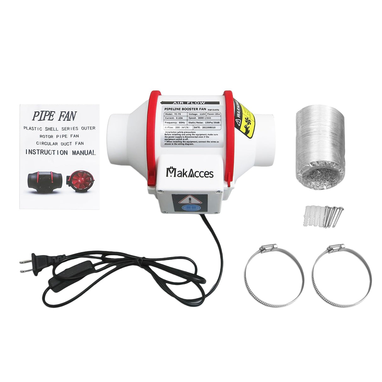 Makacces Powerful 3 Inch Duct Fan with 1.5M Pipe,Copper Motor, Enhanced Air Flow, Low Noise Level for Efficient Smoke&Odor Extraction,for 3D Makacces