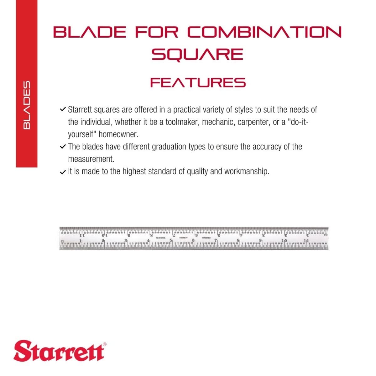 Starrett Square Blade Only for Combination Squares, Sets and Bevel Protractors - Ideal for Woodworking and Metalworking - 12" Length, Satin Chrome Starrett