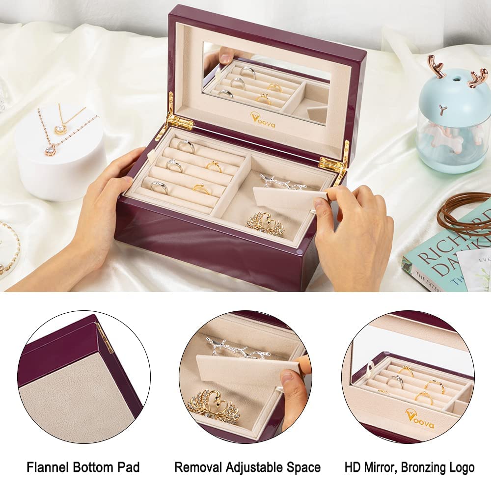 Voova Wooden Jewelry Box Organizer for Women Teen Girls, Luxury Piano Paint Wood Jewelry Case with Mirror, Large Jewellery Storage Boxes Display Voova