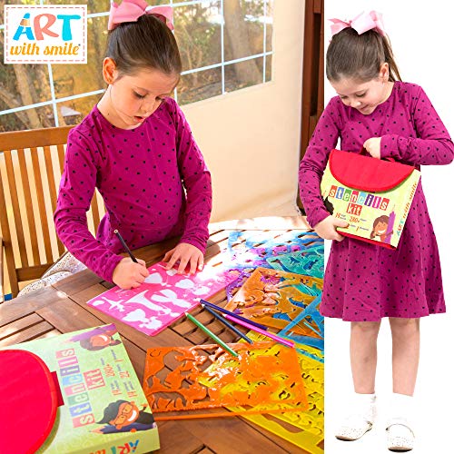 Drawing Stencils for Kids Kit & Carry Case – – Child-Safe, Non-Toxic Stencil Set with 300 Shapes, Colored Pencils, Paper, Etc. – Travel Art Supplies Art with smile