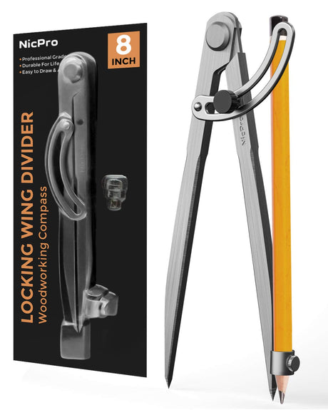 Nicpro 8 Inch Compass for Woodworking with Wing and Pencil Holder, Professional Carpenter Pencil Compass Great for Geometry, Drawing, Drafting Nicpro