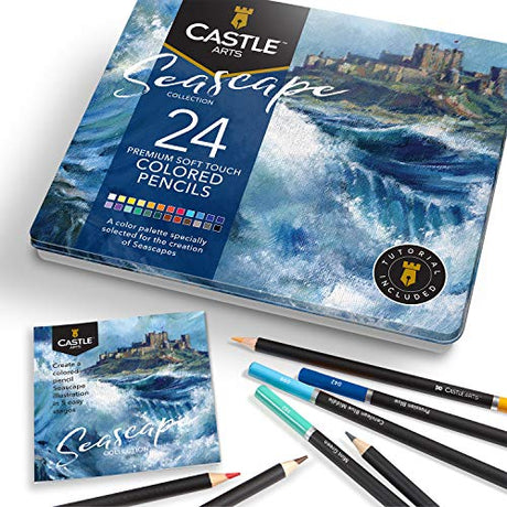 Castle Arts Themed 24 Colored Pencil Set in Tin Box, perfect colors for Seascapes. Featuring quality, smooth colored cores, superior blending & Castle Art Supplies