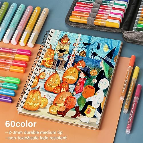 LANRENWENG Acrylic Paint Marker Pens 60 Color Painting Markers for Christmas Rock Painting with Canvas Bag, Stone, Ceramic, Glass, Wood, Fabric, LANRENWENG