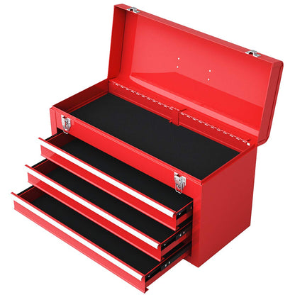 Goplus Tool Box with 3 Drawers, 20" Portable Tool Chest Organizer with Lock Latch & Liner for Garage Trunk Household, Powder Coated Steel, Red - WoodArtSupply