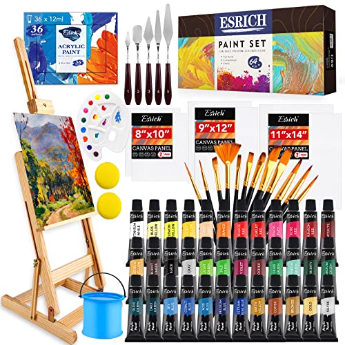 ESRICH Acrylic Paint Set,64PCS Painting Supplies with Wooden Easel,Paint Brushes,36Colors Acrylic Paint, Canvases,Palette,Paint Knives Etc,Painting - WoodArtSupply