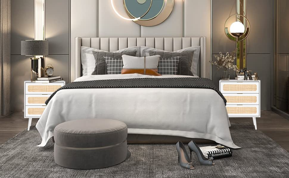 RARZOE 2 Sets of Rattan Nightstand Dresser Chest of 3 Drawers, Rattan Wood Storage Dresser Cabinet Organizer Unit for Bedroom Living Room Closet RARZOE