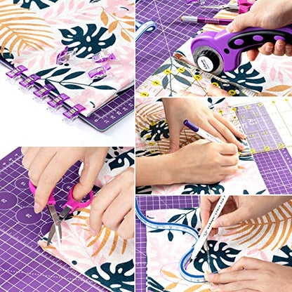 Nicecho Rotary Cutter Set,Sewing Quilting Supplies,45mm Fabric Cutters,A3 Cutting Mat for Sewing,Acrylic Rulers,Scissors,Exacto Knife,Clips,Beginners