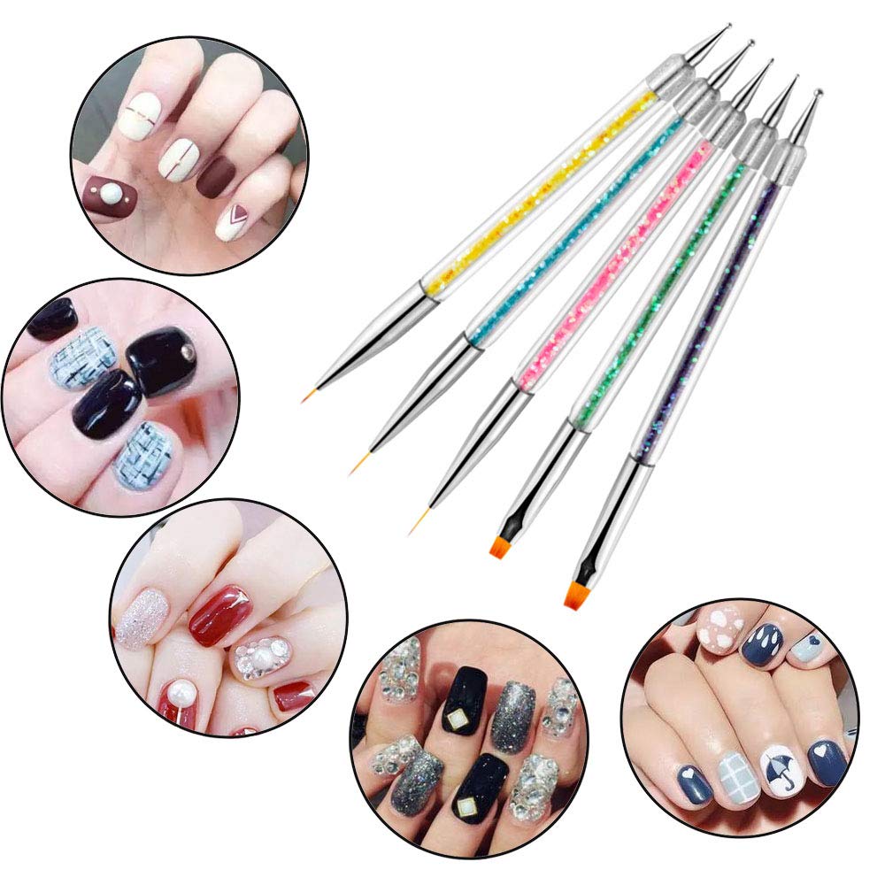 iFwevs Nail Art Brushes,5pcs Double Ended Brush & Dotting Tool Kit,Including Nail Liner Brush and Nail Dotting Pens for Nail Art Nail Salon iFwevs