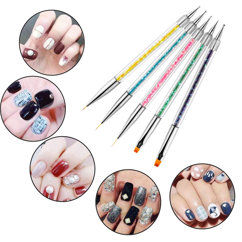 iFwevs Nail Art Brushes,5pcs Double Ended Brush & Dotting Tool Kit,Including Nail Liner Brush and Nail Dotting Pens for Nail Art Nail Salon - WoodArtSupply