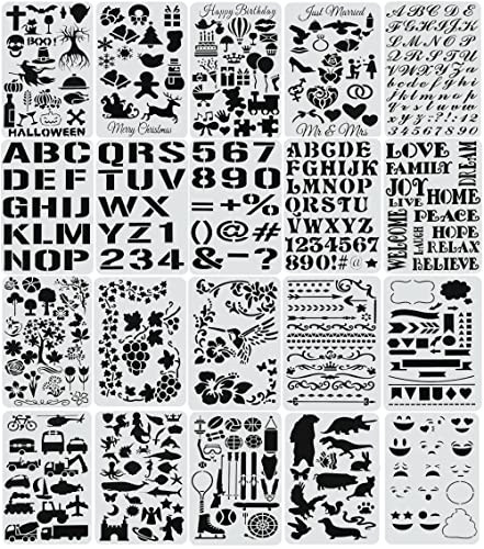 Mosaiz Stencils, 20 Pcs Drawing Stencils with Letter Stencils, Number, Themes for Christmas, Halloween, Birthday, Wedding, Bullet Journal Stencils