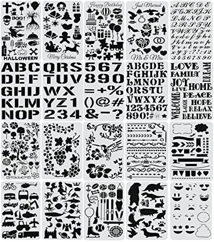 Mosaiz Stencils, 20 Pcs Drawing Stencils with Letter Stencils, Number, Themes for Christmas, Halloween, Birthday, Wedding, Bullet Journal Stencils - WoodArtSupply