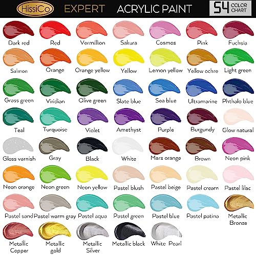 Acrylic Paint Set of 54 Colors 2fl oz 60ml Bottles with12 Brushes,Non Toxic 54 Colors Acrylic Paint No Fading Rich Pigment for Kids Adults Artists HissiCo