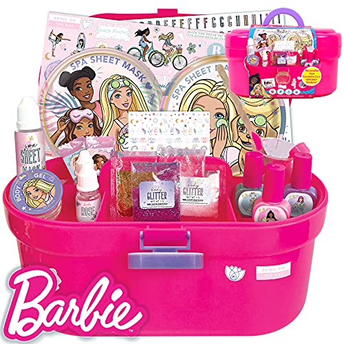 Barbie Cosmetic Case by Horizon Group USA, DIY Beauty Kit for an at-Home Spa Day, Create Your Own Face Sheet Masks, Nail Art & Body Glitter, Includes Barbie