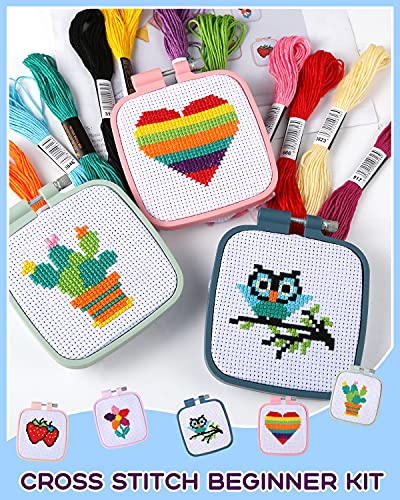 Pllieay 5PCS Cross Stitch Kits for Beginners for Kids 7-13, Includes 5 Project Patterned and 5pcs Square Embroidery Hoops, 11 Skeins, Needle Point Pllieay