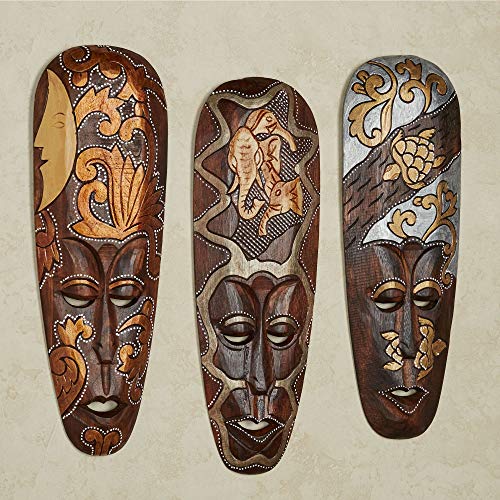 Touch of Class Masks of Africa Wall Art Brown - Set of Three - African Style Decor - Made of Wood - Tribal Inspired - Carved by Hand - Wooden Mask