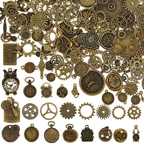 Hicarer 300 Gram Antique Steampunk Gear, DIY Assorted Mix Steampunk Wheel Alloy Cog Gear Pendants Charms Metal Watches Clocks Skull Charms for Hicarer