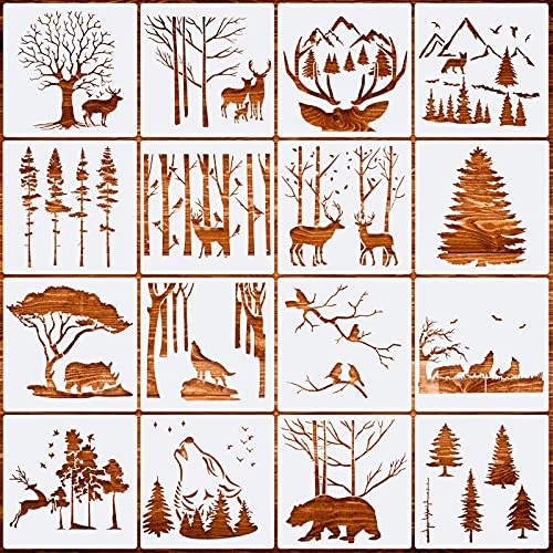 16 Pieces Aspen Trees Flowers Stencil Forest Deer Mountain Animal Stencils Reusable Branches Stencils Plastic Winter Craft Stencil Drawing Supplies