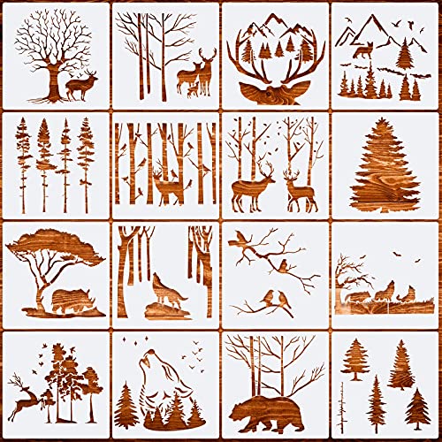 16 Pieces Aspen Trees Flowers Stencil Forest Deer Mountain Animal Stencils Reusable Branches Stencils Plastic Winter Craft Stencil Drawing Supplies - WoodArtSupply