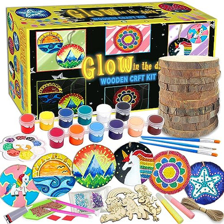 Wakestar Unfinishied Wood Slices for Arts and Crafts,Glow in The Dark Wooden Painting Kit for Kids Girls Age 5-12 Years Old,Creative Crafts Toys for Wakestar