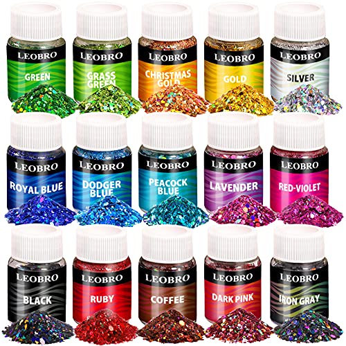 LEOBRO Holographic Chunky Glitter, 15 Colors Glitter, Craft Glitter for Resin, Nail Glitter, Festival Cosmetic Hair Face Body Glitter, Glitter Flakes