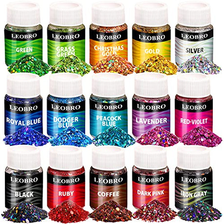 LEOBRO Holographic Chunky Glitter, 15 Colors Glitter, Craft Glitter for Resin, Nail Glitter, Festival Cosmetic Hair Face Body Glitter, Glitter Flakes LEOBRO