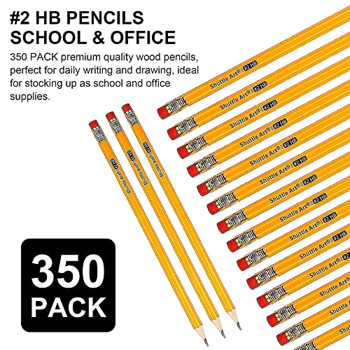 Shuttle Art Pencils and Erasers Bundle, Set of 350 Pack Sharpened Yellow Pencils + 72 Pack Premium White Erasers Bulk Shuttle Art