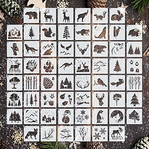 60 Pieces Winter Stencils Pine Tree Deer Bear Mountain Animal Stencils Reusable for Christmas Winter DIY Crafts Wall Home Decor (Deer) - WoodArtSupply