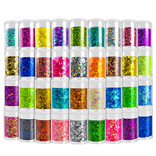 Holographic Chunky and Fine Glitter Mix, 36 Colors Chunky Sequins & Glitter Powder Mix, Iridescent Cosmetic Glitter Flakes for Nail Art Face Body Eye - WoodArtSupply