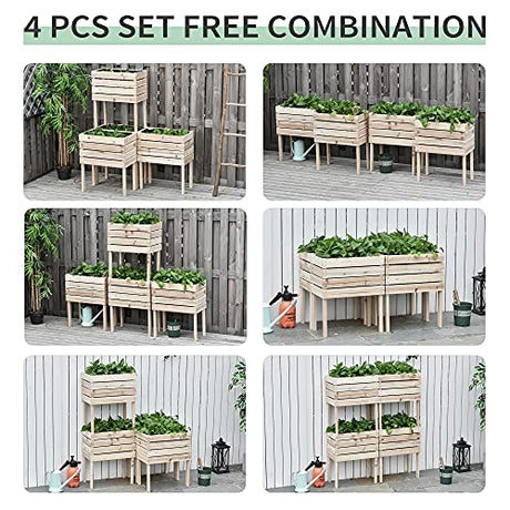 Outsunny 4PCS Raised Garden Bed, Wooden Elevated Planter Box Kit with Bed Liner, DIY Shape, for Flowers Vegetables Outsunny