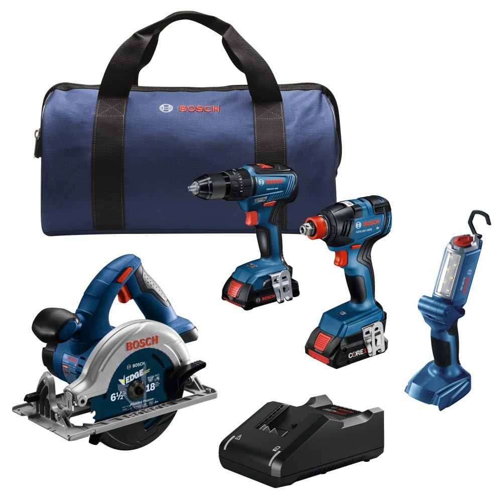 BOSCH GXL18V-497B23 18V 4-Tool Combo Kit with 2-In-1 1/4 In. and 1/2 In. Bit/Socket Impact Driver, 1/2 In. Hammer Drill/Driver, Circular Saw, - WoodArtSupply