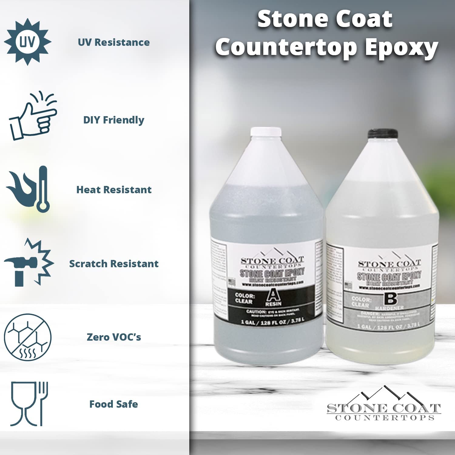 Stone Coat Countertops Epoxy Kit (2 Gal) – DIY Epoxy Resin Kit for Coating Kitchens, Bathrooms, Counters, Tables, Wood Slabs, and More! Heat Stone Coat Countertops