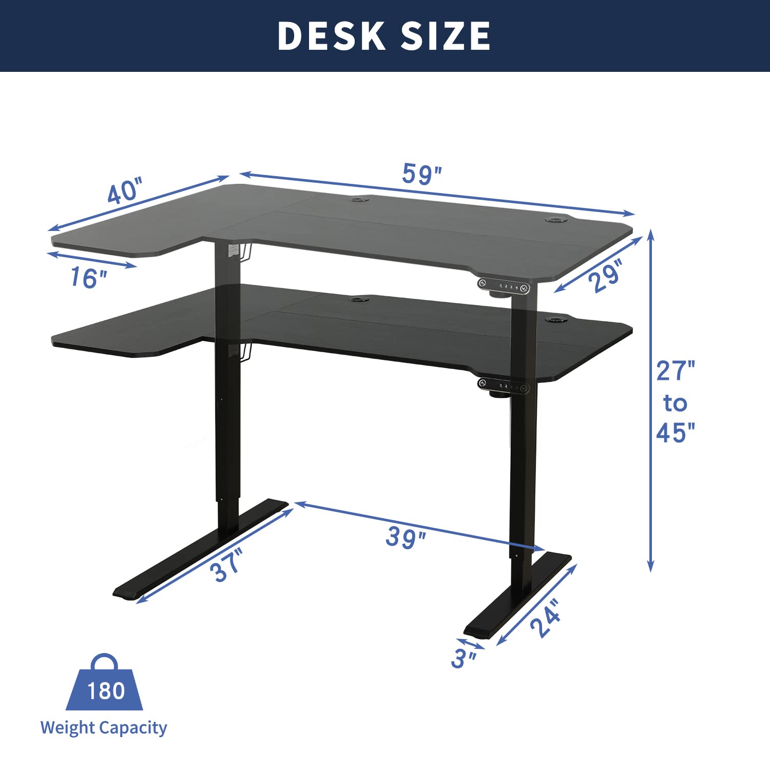 HEONAM 59'' L Shaped Height Adjustable Standing Desk, Electric Stand up Computer Table for Home Office Desk with Black Frame & Top - WoodArtSupply