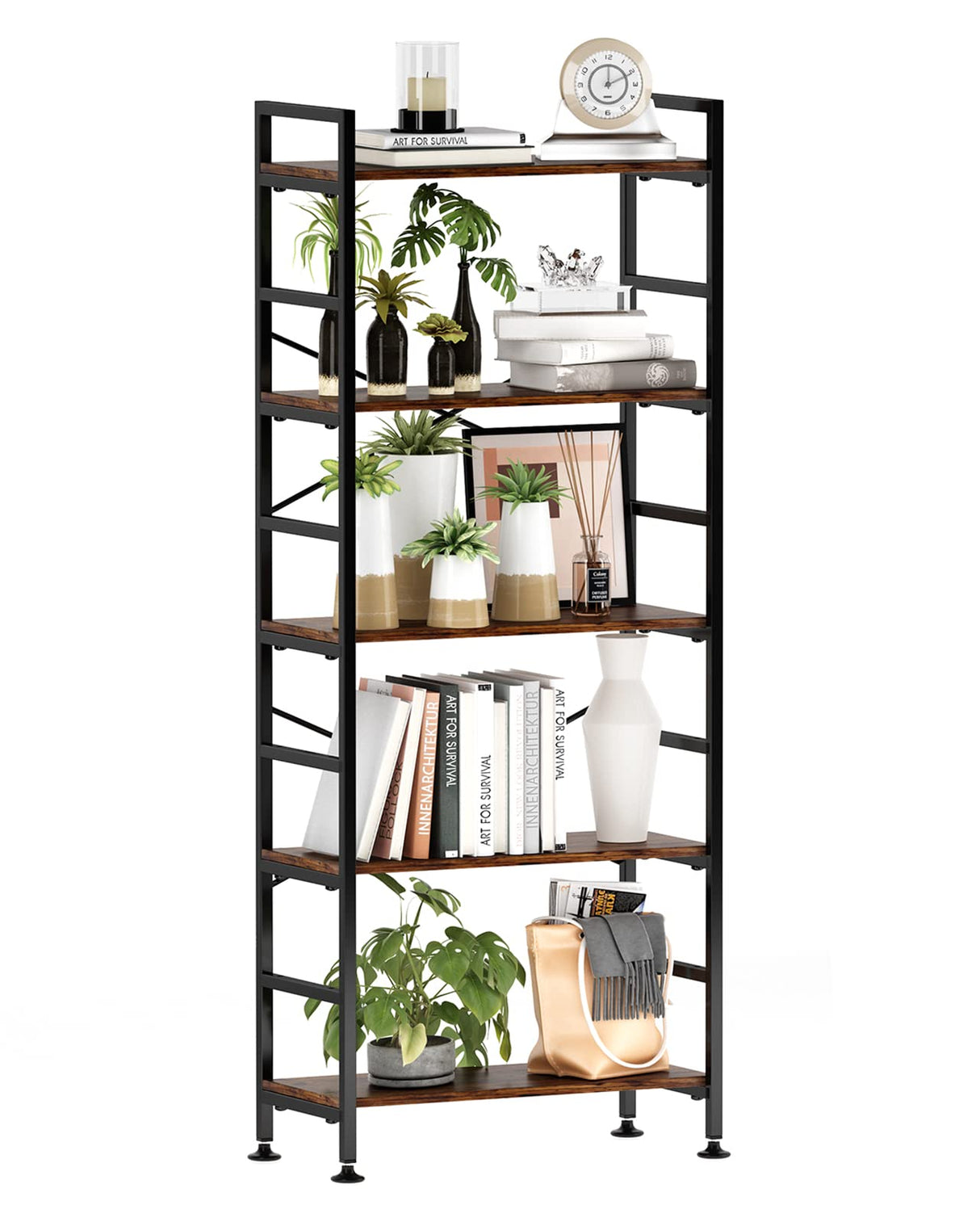 CosyStar Rustic Industrial 5-Tier Adjustable Bookcase with Metal Frame CosyStar
