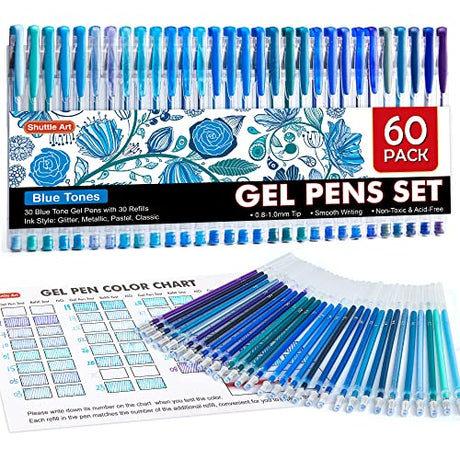 Shuttle Art 60 Pack Blue Tone Gel Pens, 30 Blue Tone Gel Pens with 30 Refills for Adults Coloring Books Journaling Drawing Nature, Landscapes, Shuttle Art