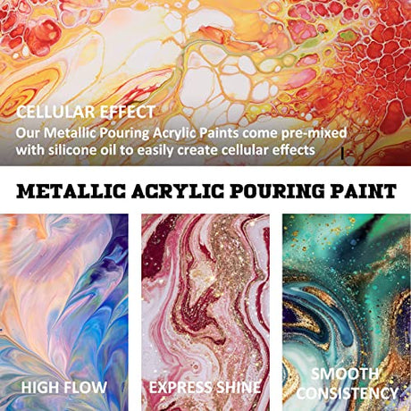 ABEIER Metallic Acrylic Pouring Paint, Set of 18 Metallic Colors Fluid acrylic paint, Pre-Mixed High Flow & Ready to Pour(18 x 2 oz./ 60 ml), Pouring Abeier