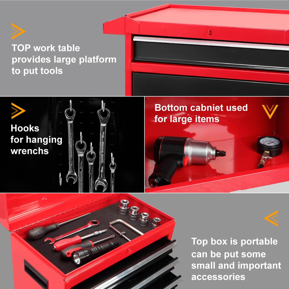 BIG RED 5-Drawer Rolling Tool Chest/Box with wheels,Metal Removable Tool Storage Cabinet for Garage and Workshop,Red/Black,ATBT3426R-RB BIG RED