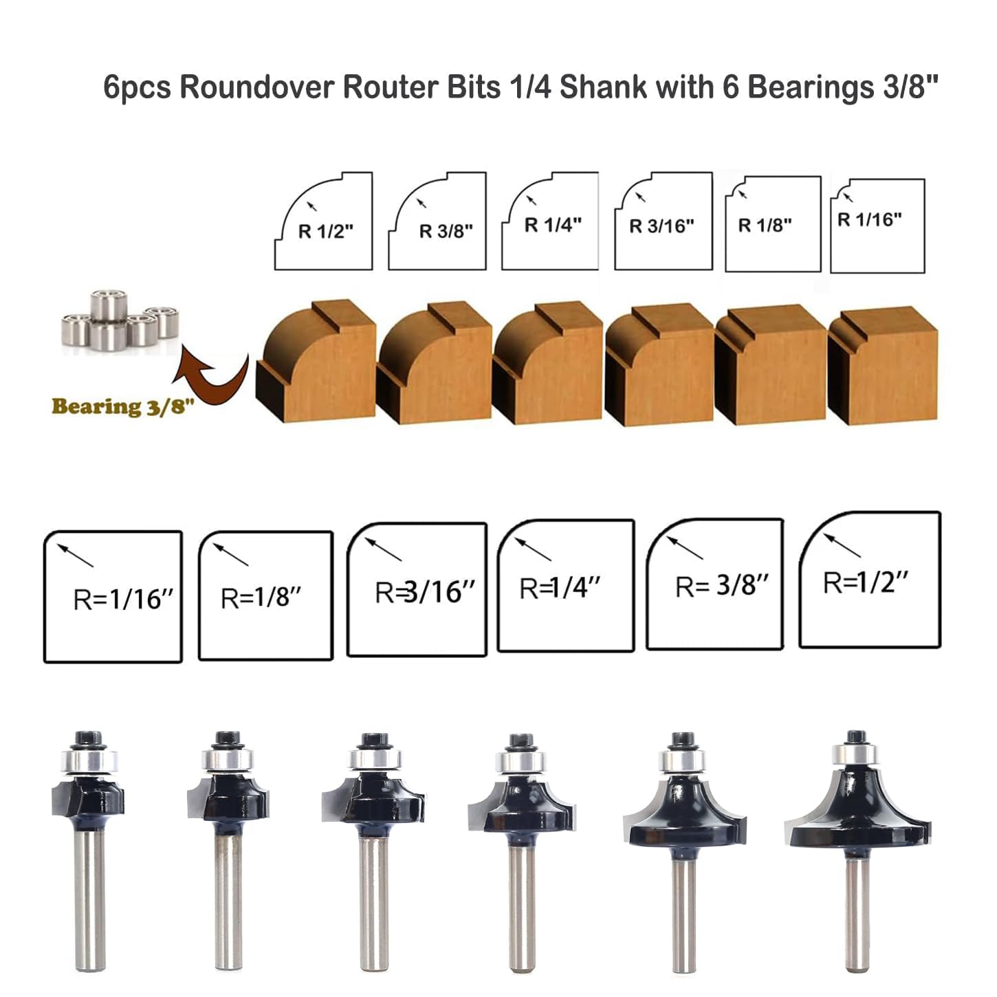 SICWOOD 6pcs Roundover Router Bit Set - Round Over Router Bits 1/4 Shank with 6 Bearings 3/8", Carbide Corner Rounding Edge-Forming Bit, for Round SICWOOD
