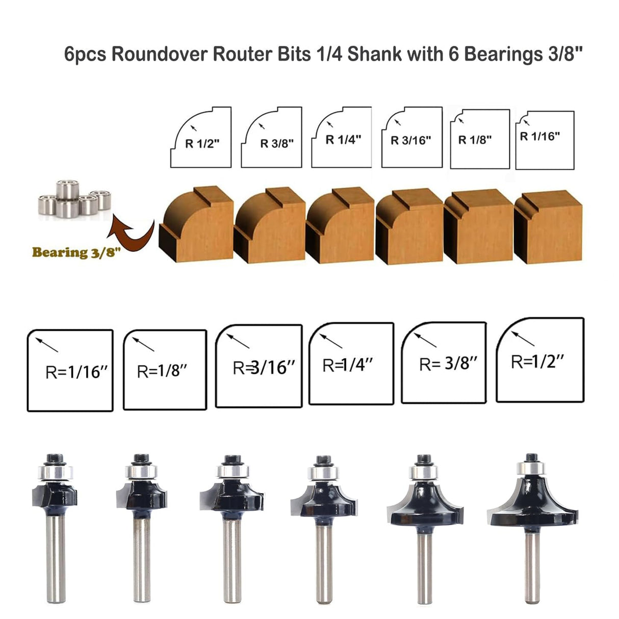 SICWOOD 6pcs Roundover Router Bit Set - Round Over Router Bits 1/4 Shank with 6 Bearings 3/8", Carbide Corner Rounding Edge-Forming Bit, for Round SICWOOD
