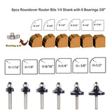 SICWOOD 6pcs Roundover Router Bit Set - Round Over Router Bits 1/4 Shank with 6 Bearings 3/8", Carbide Corner Rounding Edge-Forming Bit, for Round SICWOOD