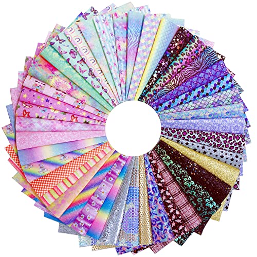 Shalun 50pcs A4 Random Printed Fine Glitter Faux Leather Sheets 8x12inch Shiny Rainbow Mermaid Flower Butterfly Pattern PU Canvas Fabric for Cricut shalun