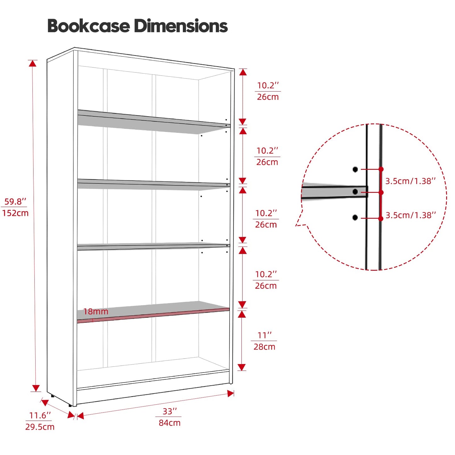 Wood Bookcase 5-Shelf Freestanding Display Wooden Bookshelf for Home Office School (11.6" D*33" W*59.8" H,Cherry) - WoodArtSupply