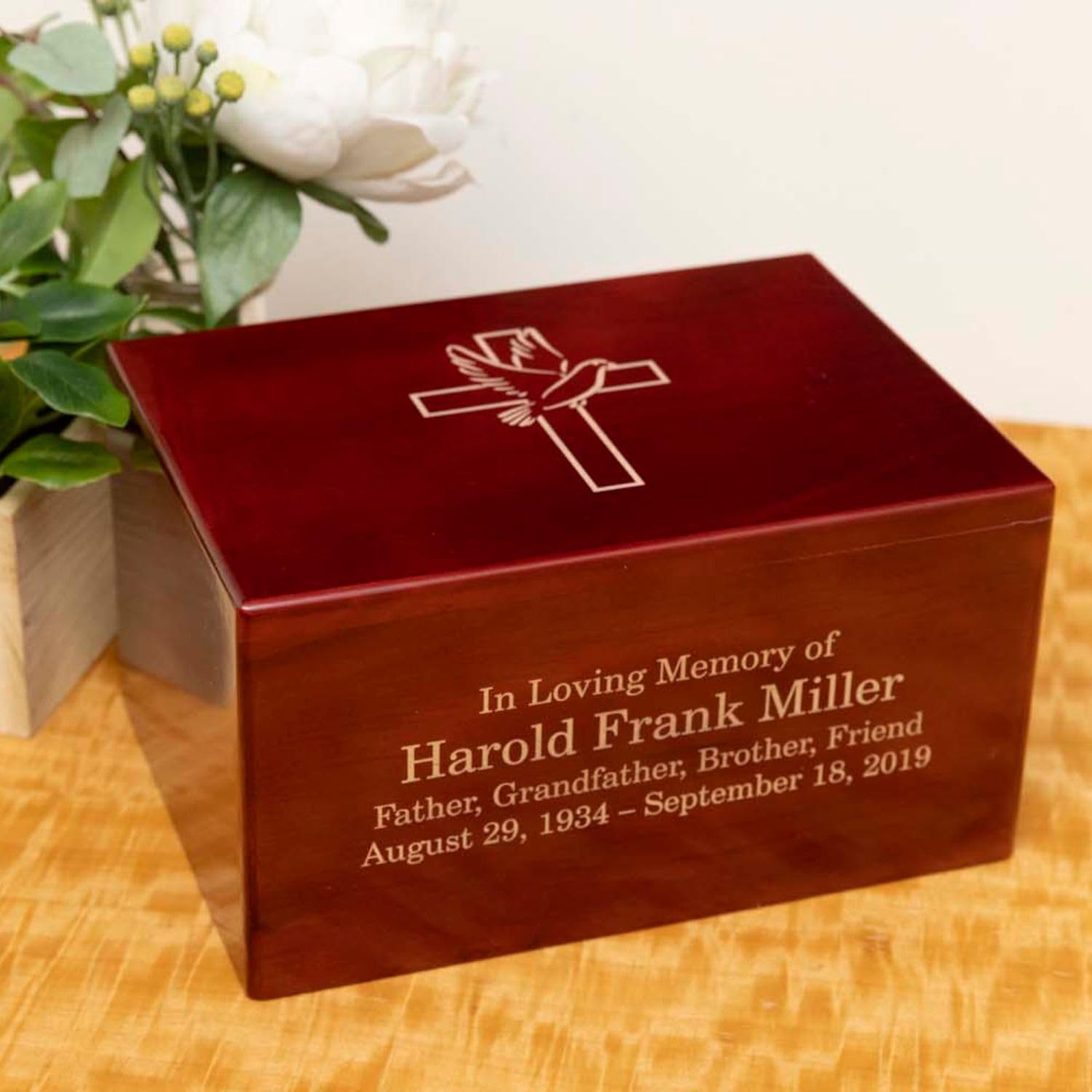 Deering Moments Custom Engraved Lacquered Rosewood Funeral Cremation Urn for Human Ashes, Religious Cross with Dove (Large) - WoodArtSupply