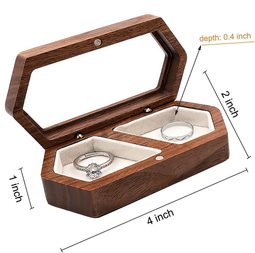 Wood Double Ring Box Jewelry Box Engraved Wooden Ring Holder for 2 Rings Engagement Proposal Wedding Ceremony Ring Bearer Box Valentine's Day - WoodArtSupply