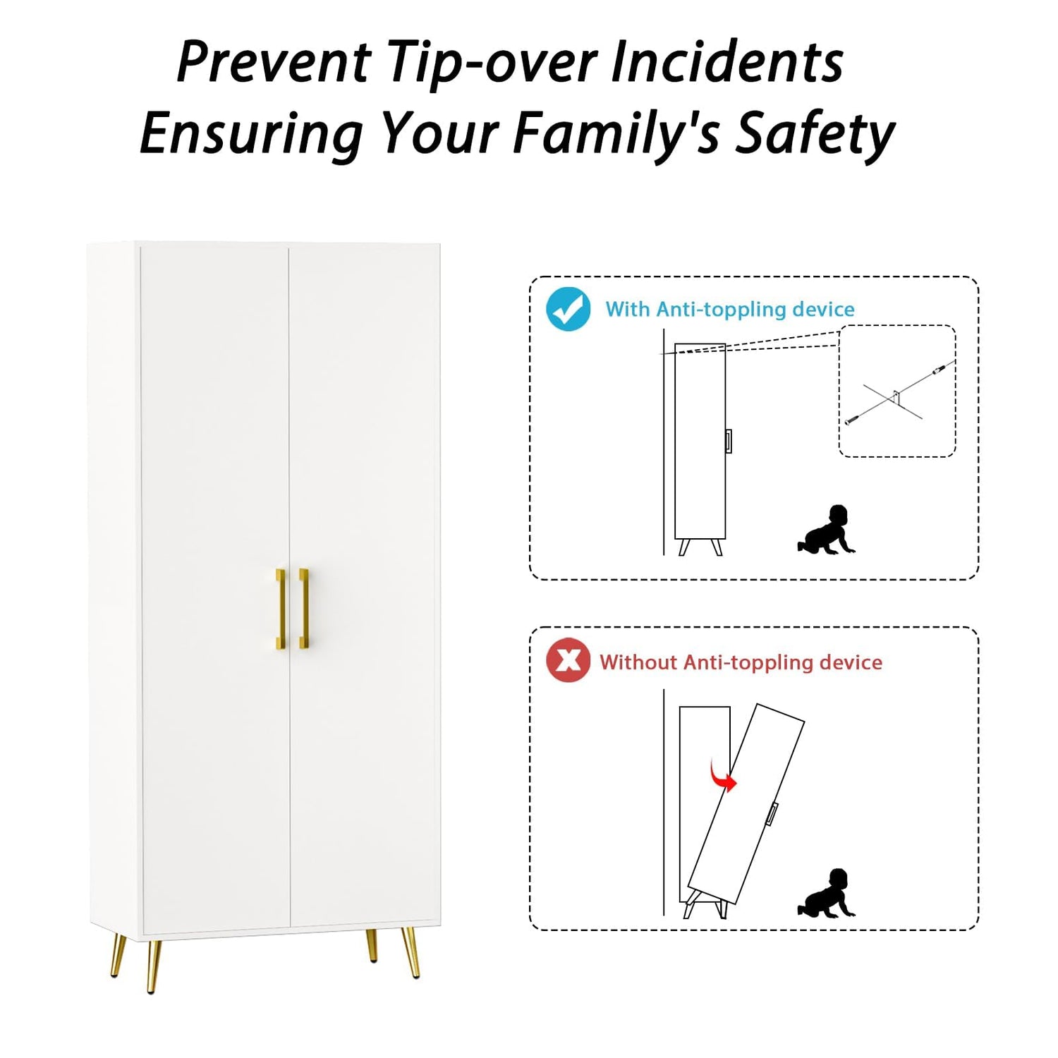 NOVAMAISON White Storage Cabinet 69” Tall - Storage Cabinet w/ 2 Doors and Adjustable Shelves, Freestanding Kitchen Pantry w/Gold Handles and Legs, NOVAMAISON