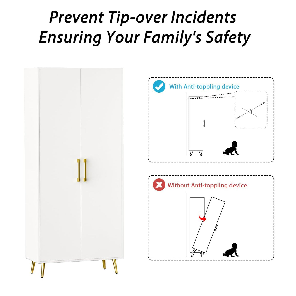 NOVAMAISON White Storage Cabinet 69” Tall - Storage Cabinet w/ 2 Doors and Adjustable Shelves, Freestanding Kitchen Pantry w/Gold Handles and Legs, NOVAMAISON